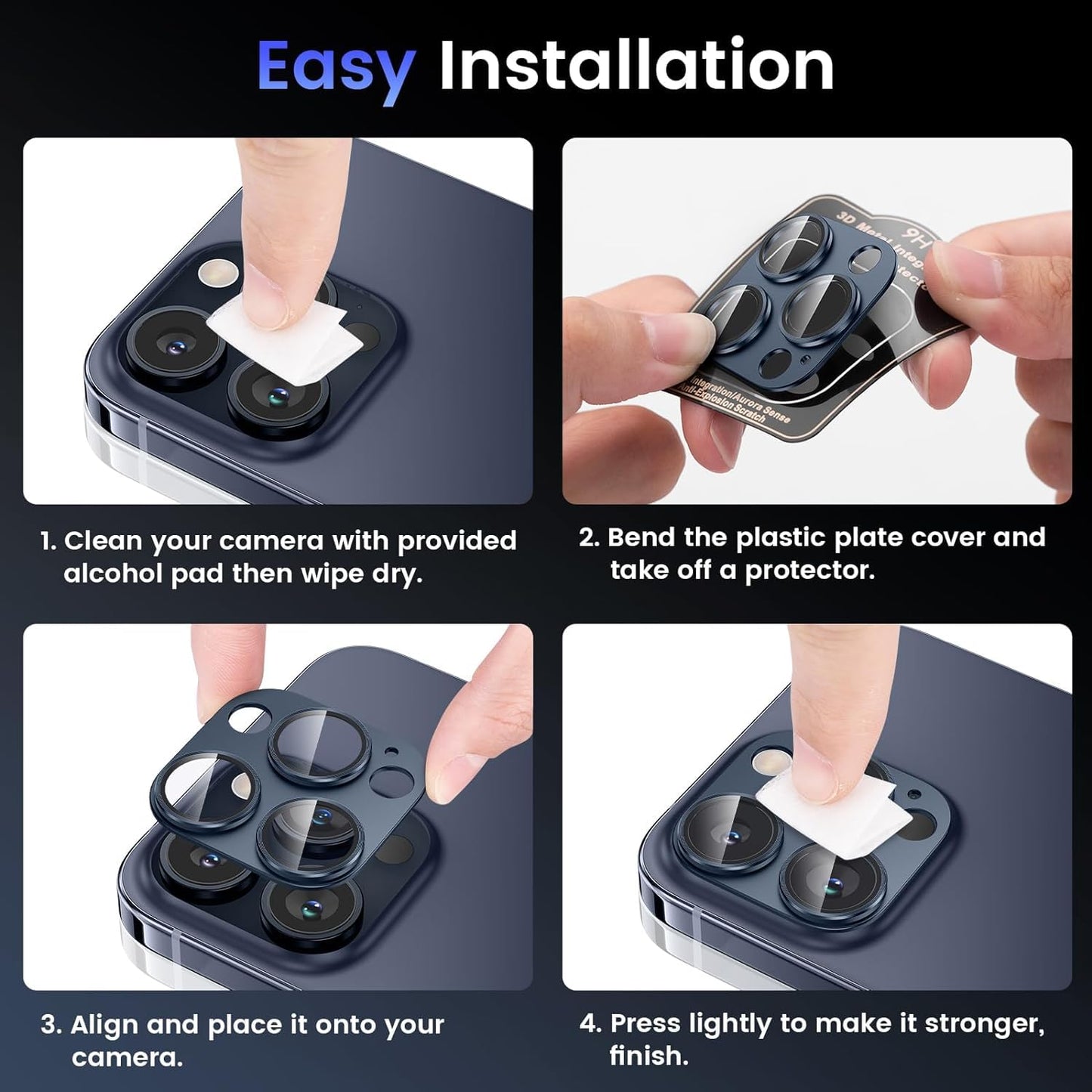 AIG Camera Lens Protector for iPhone 15 Pro/15 Pro Max & 14 Pro/ 14 Pro Max– 9H Glass, Metal Rings, HD Clear, Blue Joint