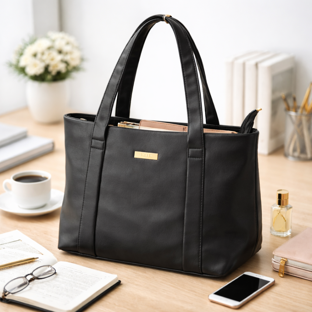 Women's Black Tote Handbag, Synthetic Leather, Stylish Everyday Bag for Office, Travel, and College