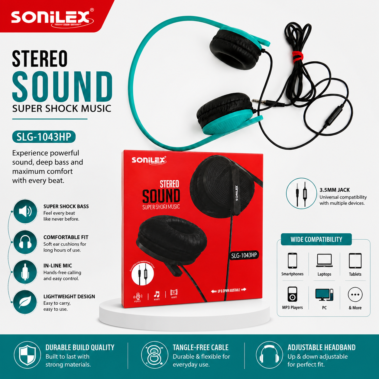 Sonilex Wired Stereo Headphones with Microphone – Adjustable On-Ear Headset with 3.5mm Audio Jack for Mobile, Laptop, PC, Tablet, Online Classes & Gaming (Turquoise)