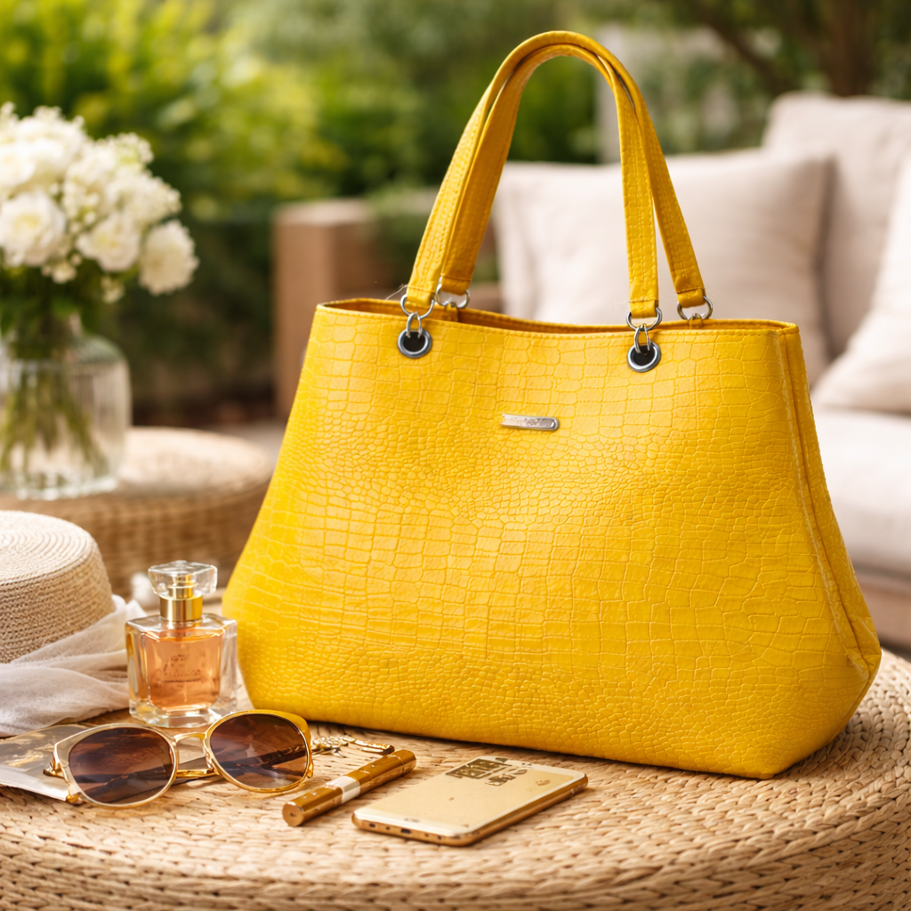 Yellow Croc-Textured Tote Handbag | Women’s Fashion Shoulder Bag