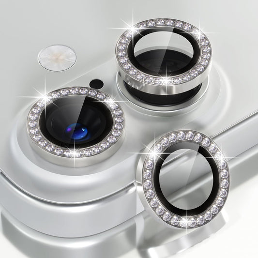 AIG Camera Lens Protector for iPhone 16/16 Plus – 9H Glass with Metal Ring – Silver Diamond