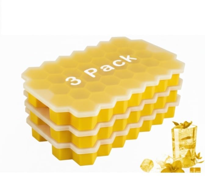 AIG Silicone Ice Cube Trays with Lids – 3 Pack Easy-Release Hexagon Ice Maker for Freezer, Reusable Food-Grade Ice Molds for Cocktail Bar, Whiskey, Iced Coffee & Home Kitchen (Yellow)