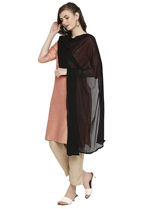 AIG THE FASHION 100% Nazmin Chiffon Casual Dupatta – 2.25m with Pom-Pom Lace | Lightweight Nazneen Chiffon | Perfect for Festivals, Parties & Traditional Outfits - BLACK