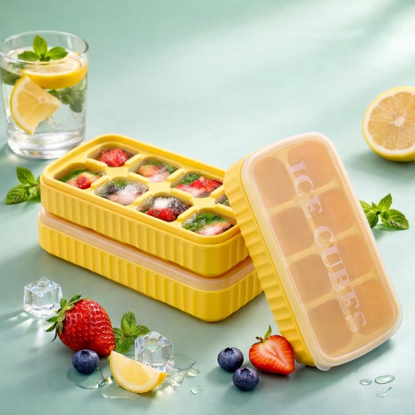 AIG 3 Pack Yellow Silicone Ice Cube Tray with Lid – 8 Large Cavities, Flexible Easy Release, BPA Free