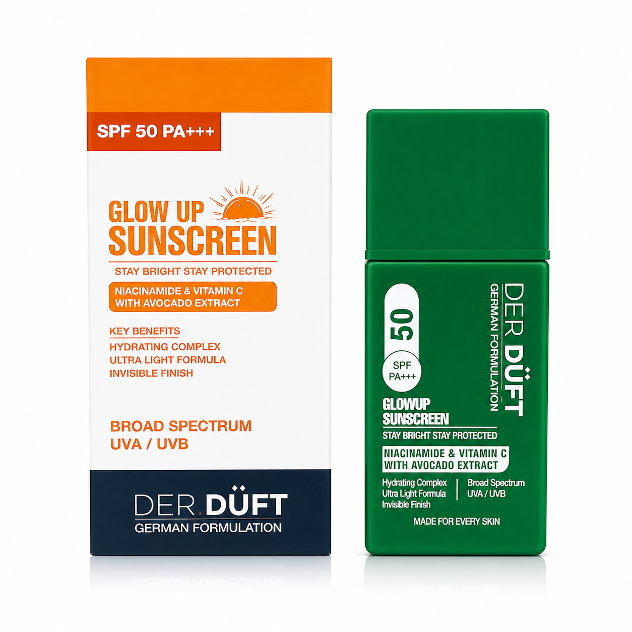Der Düft Glow Up Sunscreen SPF 50 PA+++, Broad Spectrum UVA/UVB, with Niacinamide, Vitamin C and Avocado Extract, Invisible Finish