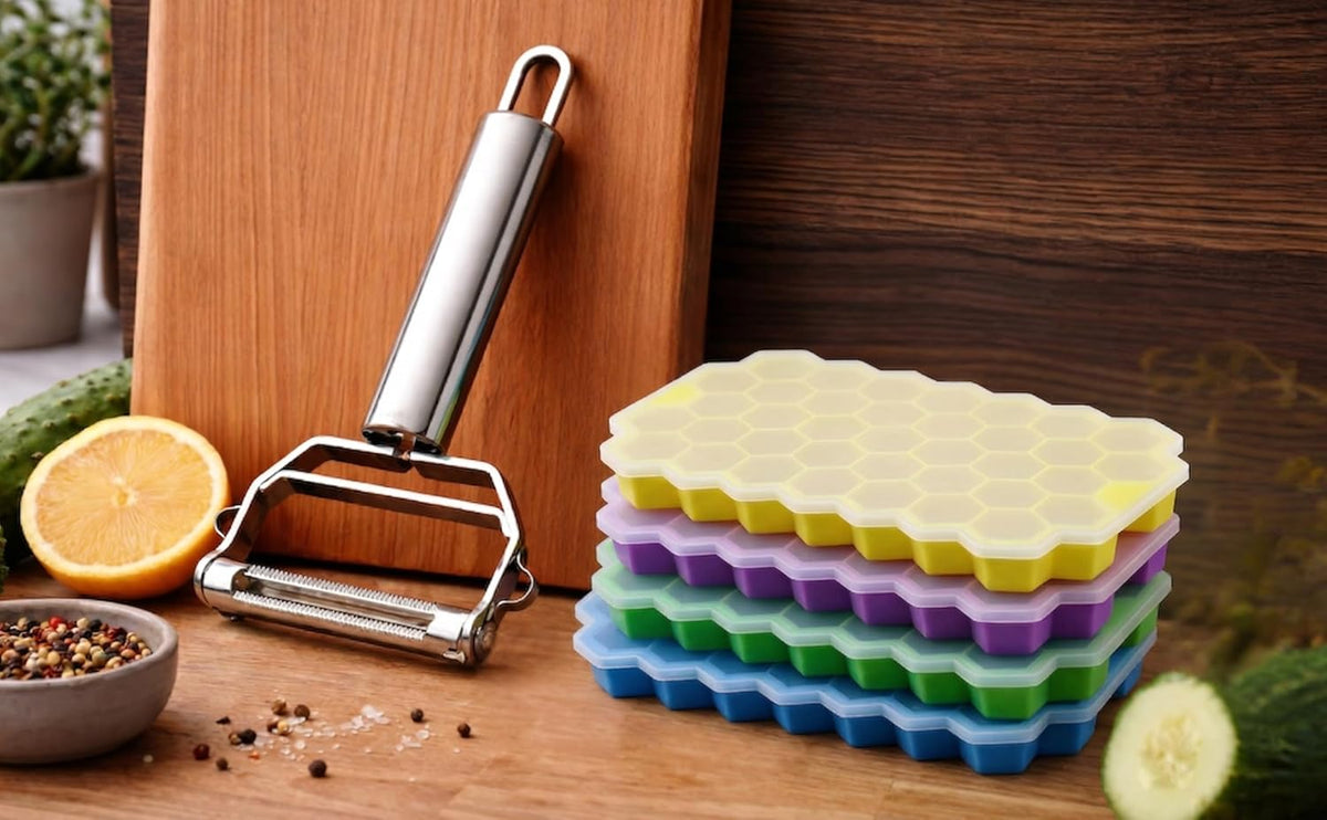 AIG 3 Pack Silicone Ice Cube Tray with Lid & Stainless Steel Vegetable Peeler – Multicolor