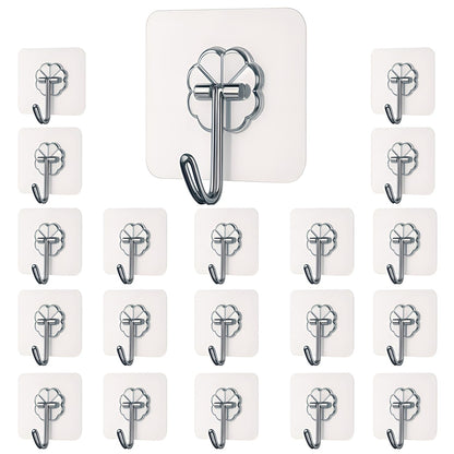 20 Pcs Self Adhesive Wall Hooks – Heavy Duty Waterproof Transparent Sticky Hooks for Kitchen, Bathroom, Bedroom, Office, Home & Hanging Accessories