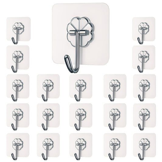 20 Pcs Self Adhesive Wall Hooks – Heavy Duty Waterproof Transparent Sticky Hooks for Kitchen, Bathroom, Bedroom, Office, Home & Hanging Accessories