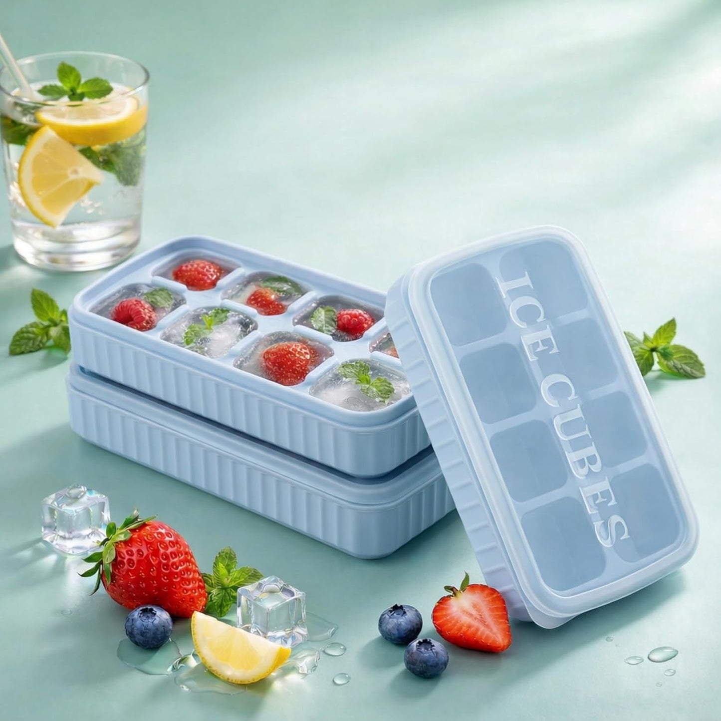 AIG 3 Pack Skyblue Silicone Ice Cube Tray with Lid – 8 Large Cavities, Flexible Easy Release, BPA Free