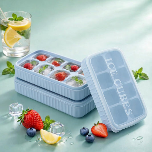 AIG 3 Pack Skyblue Silicone Ice Cube Tray with Lid – 8 Large Cavities, Flexible Easy Release, BPA Free