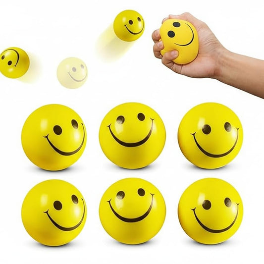 AIG 6 Pcs Smiley Squeeze Balls for Kids & Adults – 2 Inch Yellow Stress Relief & Sensory Fidget Toys