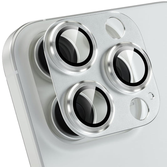 AIG iPhone 16 Pro/16 Pro Max Camera Lens Protector – Bling 9H Tempered Glass Cover with Metal Ring- Silver Joint