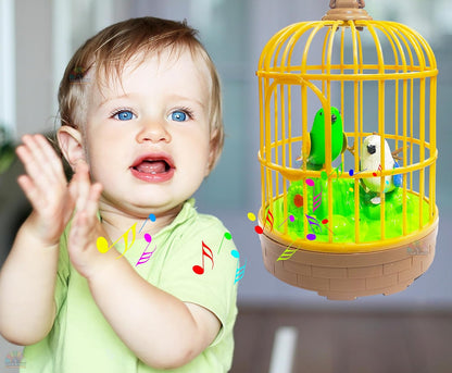 AIG Sound-Activated Chirping Bird Toy in Hanging Cage – LED, Flapping Wings & Moving Beak for Kids (Design 2)
