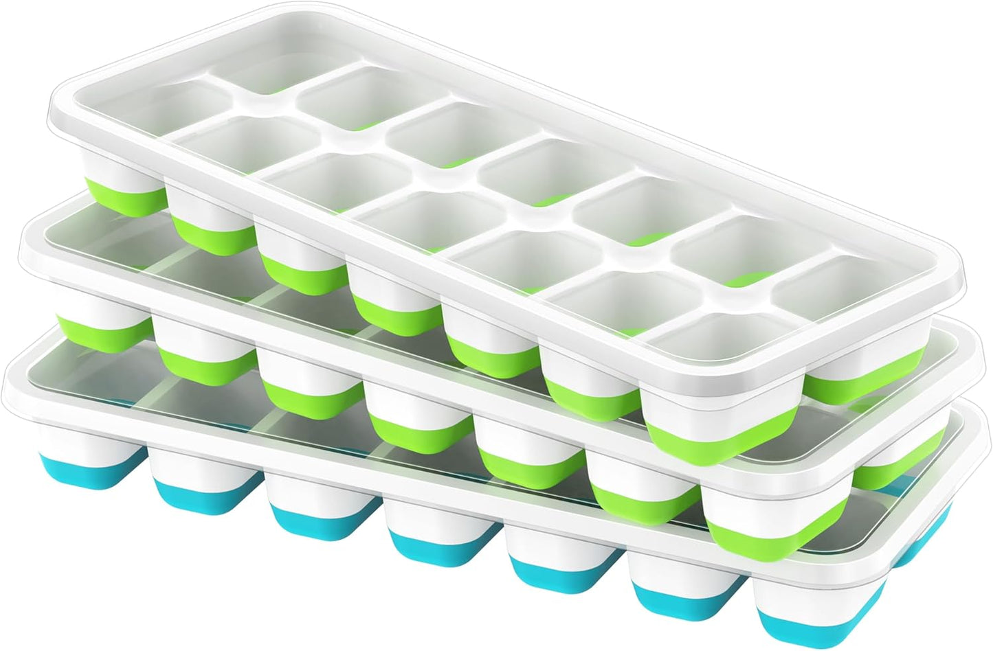 Silicone Ice Cube Tray with Lid – 42 Ice Cubes (3 Pack: 2 Green & 1 Blue, 14 Cavities Each) Easy Release Ice Maker for Freezer, Stackable & Reusable Ice Moulds for Whiskey, Cocktails & Beverages