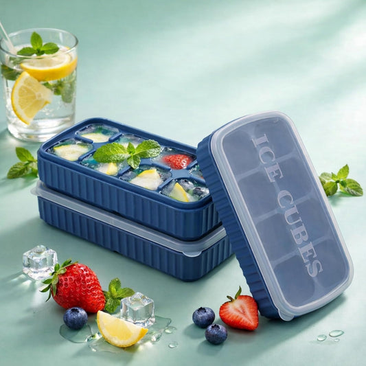 AIG 3 Pack Blue Silicone Ice Cube Tray with Lid – 8 Large Cavities, Flexible Easy Release, BPA Free