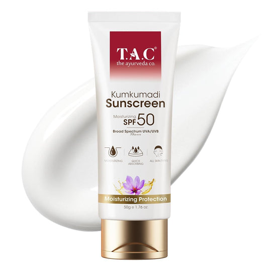 T.A.C - The Ayurveda Co. Kumkumadi Sunscreen SPF 50, Broad Spectrum UVA/UVB PA+++, Moisturising, All Skin Types, 50g
