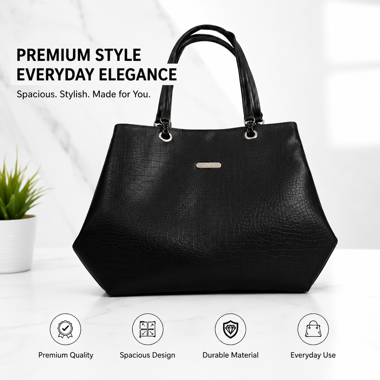 Women's Premium Leatherette Tote Handbag – Large Shoulder Bag with Spacious Compartments | Stylish Office, College, Travel & Everyday Purse (Black)