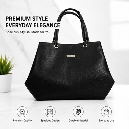Women's Premium Leatherette Tote Handbag – Large Shoulder Bag with Spacious Compartments | Stylish Office, College, Travel & Everyday Purse (Black)