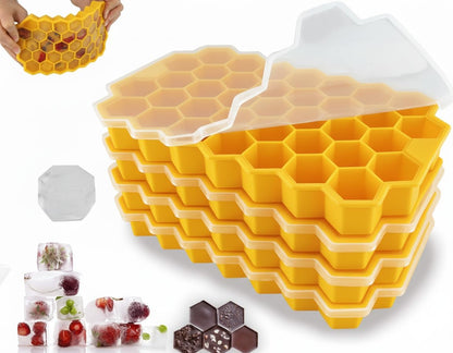 AIG Silicone Ice Cube Trays with Lids – 4 Pack Easy-Release Hexagon Ice Maker for Freezer, Reusable Food-Grade Ice Molds for Cocktail Bar, Whiskey, Iced Coffee & Home Kitchen (Yellow)