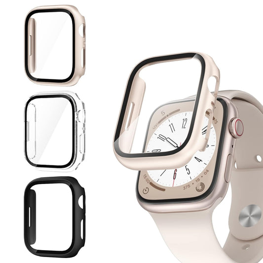 AIG Apple Watch 45mm Hard Case with Tempered Glass Screen Protector, Ultra-Thin Protective Cover for Series 9/8/7 - Clear+Black+Starlight (03 PACK)