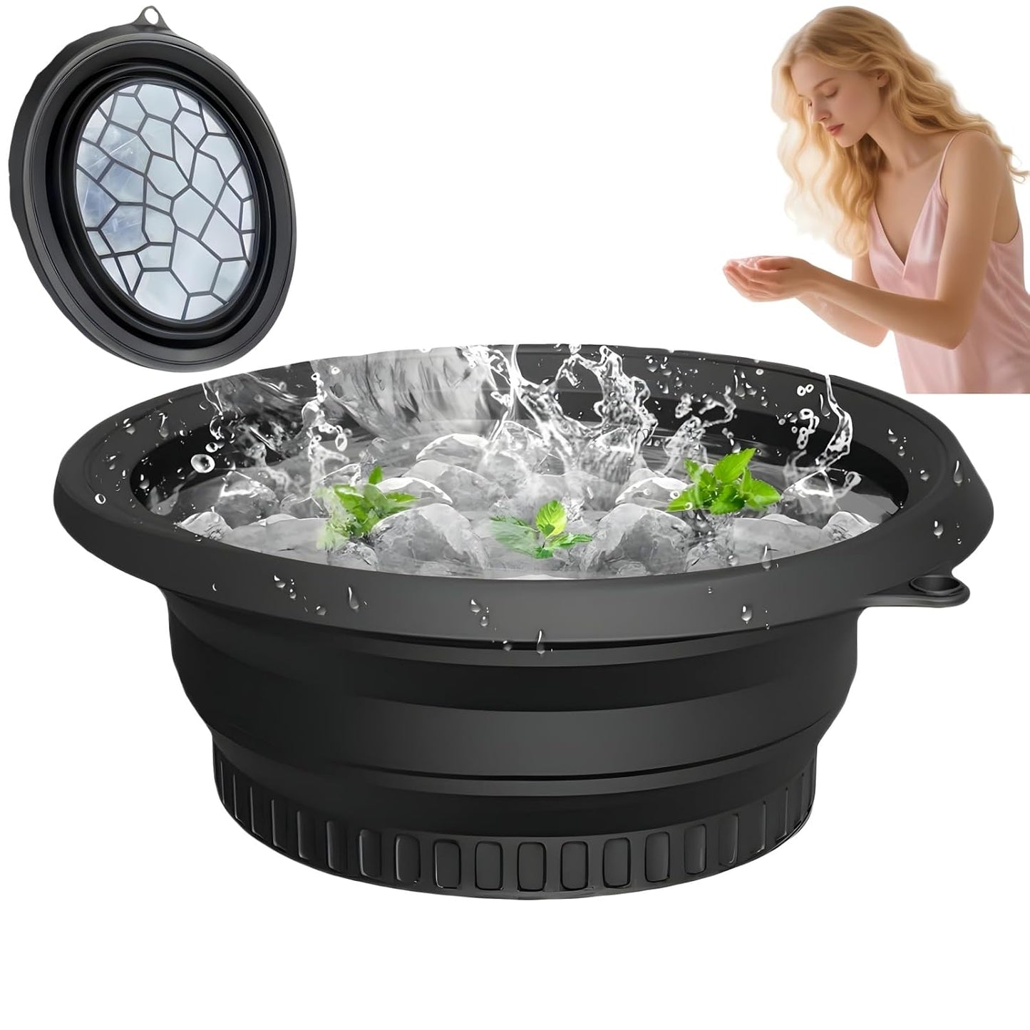 Face Bowl for Ice with Built-in Ice Tray – Collapsible Silicone Facial Ice Bath Bowl for Cold Plunge Therapy, Skin Tightening & Acne Relief – Portable Spa Tool for Home & Travel(Black)