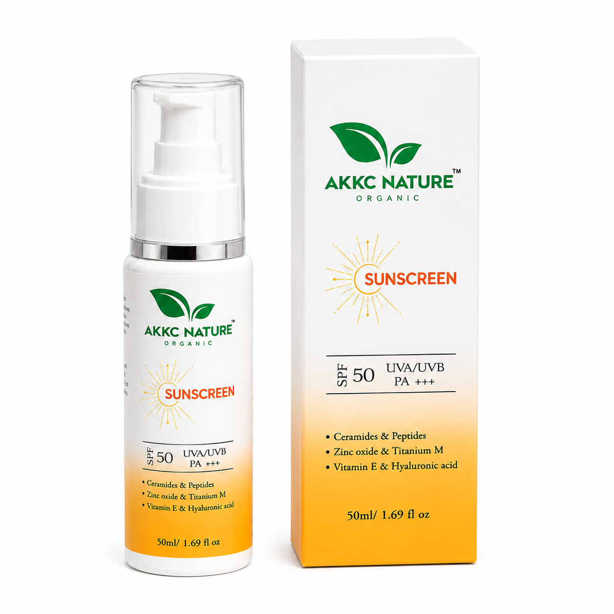 AKKC Nature Organic Sunscreen SPF 50 PA+++ | Broad Spectrum UVA/UVB Protection | Ceramides, Peptides, Zinc Oxide, Titanium Dioxide, Vitamin E & Hyaluronic Acid | Non-Greasy Daily Sunscreen for Men & Women | 50ml.