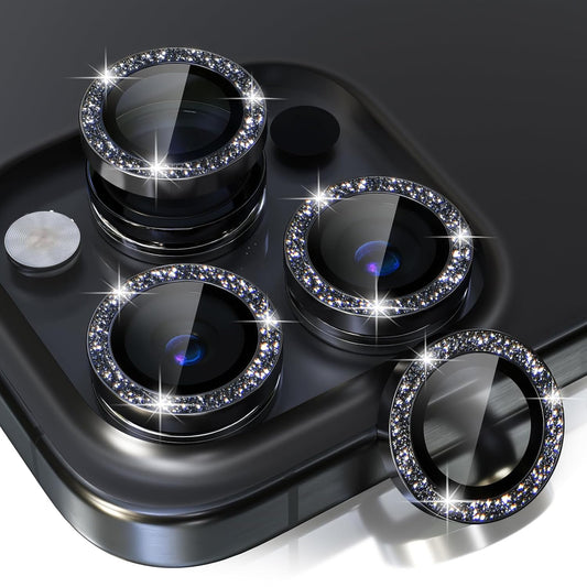 AIG Bling Camera Lens Protector for iPhone 15 Pro / Pro Max – 9H Glass, Metal Ring, Full Lens Cover – Glitter Black