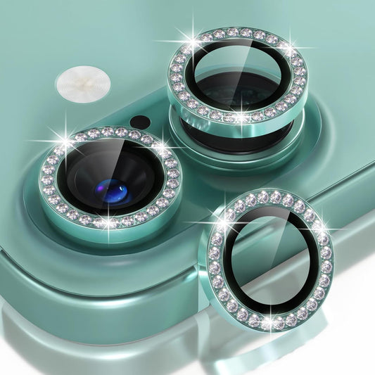 AIG Camera Lens Protector for iPhone 16/16 Plus – 9H Glass with Metal Ring – Mint Green Diamond