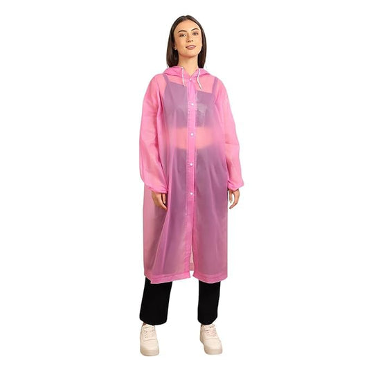 Women's Waterproof EVA Raincoat with Hood – Lightweight Reusable Long Rain Coat for Travel, Cycling, Hiking & Daily Use (Pink)