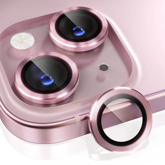 AIG iPhone 15/15 Plus Camera Lens Protector – Bling 9H Tempered Glass with Metal Ring Decoration (Pink)