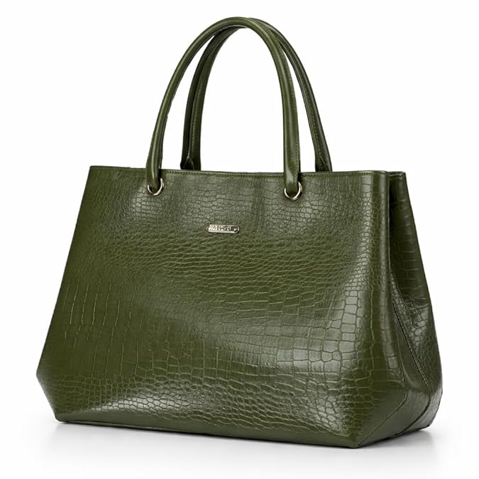 Women's Tote Handbag, Olive Green, Faux Leather, Crocodile Embossed, Spacious with Zipper Compartment, Office and Travel Bag