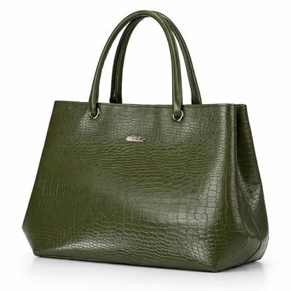 Women's Tote Handbag, Olive Green, Faux Leather, Crocodile Embossed, Spacious with Zipper Compartment, Office and Travel Bag