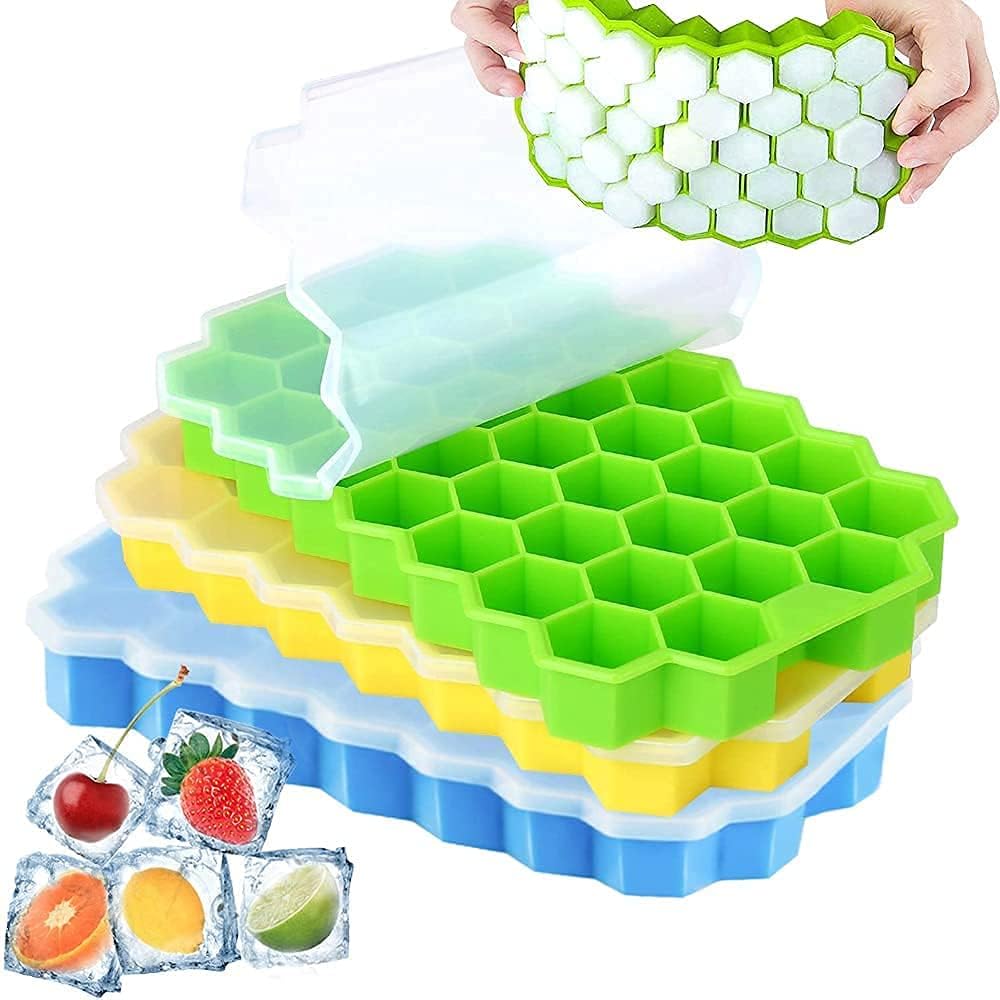AIG Silicone Ice Cube Trays with Lids – (3 Pack) Easy-Release Hexagon Ice Maker for Freezer, Reusable Food-Grade Ice Molds for Cocktail Bar, Whiskey, Iced Coffee & Home Kitchen (BLUE+GREEN+YELLOW)