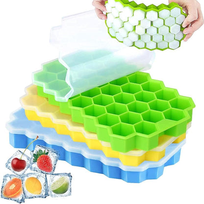 AIG Silicone Ice Cube Trays with Lids – (3 Pack) Easy-Release Hexagon Ice Maker for Freezer, Reusable Food-Grade Ice Molds for Cocktail Bar, Whiskey, Iced Coffee & Home Kitchen (BLUE+GREEN+YELLOW)