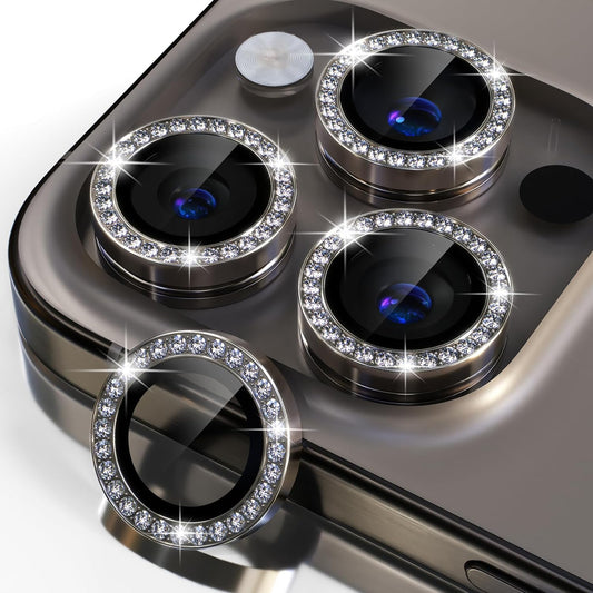 AIG Camera Lens Protector for iPhone 15 Pro/Pro Max – 9H Glass, Metal Rings, Bling Design – Gray Diamond