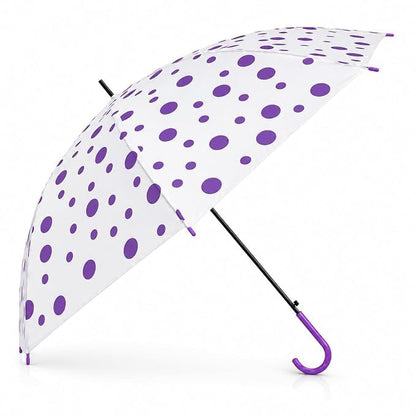 Premium Transparent Polka Dot Umbrella – Waterproof Windproof Long Stick Umbrella with Curved Handle for Men & Women | Large Canopy Rain Umbrella (White & Purple)