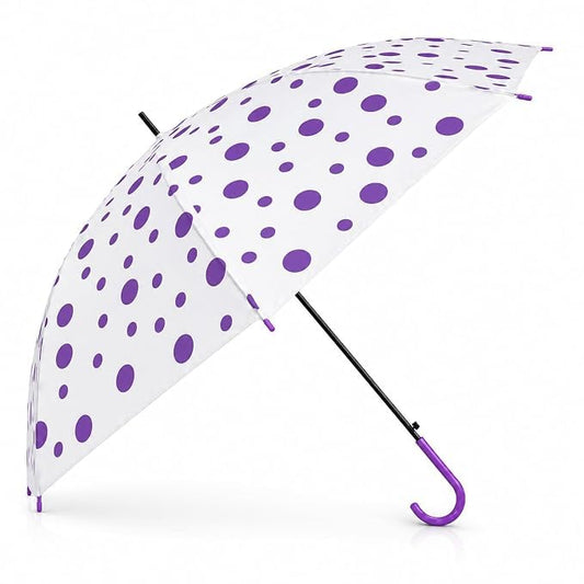 Premium Transparent Polka Dot Umbrella – Waterproof Windproof Long Stick Umbrella with Curved Handle for Men & Women | Large Canopy Rain Umbrella (White & Purple)
