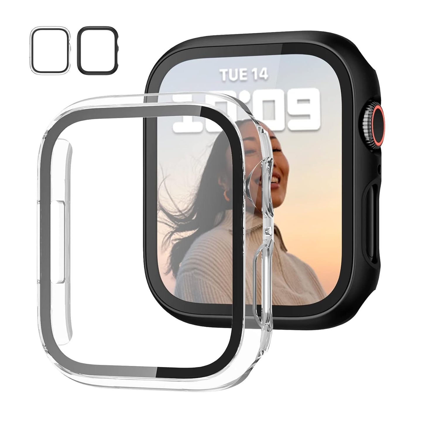 AIG Apple Watch 41mm Hard Case with Tempered Glass Screen Protector, Ultra-Thin Protective Cover for Series 9/8/7 - Clear+Blck (02 PACK)
