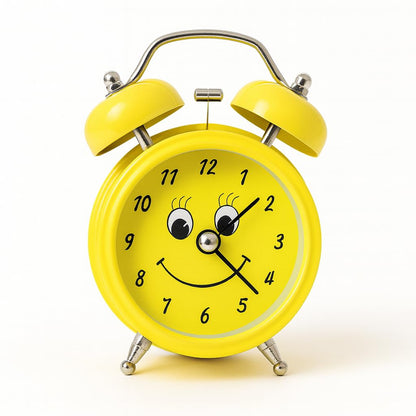 Retro Twin Bell Alarm Clock with Smiley Dial | Loud Alarm, Metal Body, Analog Display, Battery Operated | Bedside/Table Clock for Kids & Adults (Yellow)