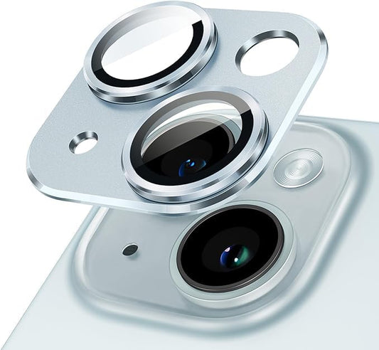 AIG iPhone 14/14 Plus & iPhone 15/15 Plus Camera Lens Protector – 9H Glass with Metal Plate – Blue Joint (1 Pack)