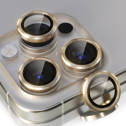 AIG Camera Lens Protector for iPhone 15 Pro/15 Pro Max & iPhone 14 Pro/14 Pro Max – 9H Glass with Metal Ring – Gold