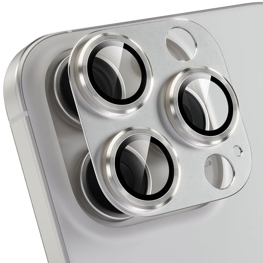 AIG iPhone 16 Pro/16 Pro Max Camera Lens Protector – Bling 9H Tempered Glass Cover with Metal Ring- Titanium Natural Joint