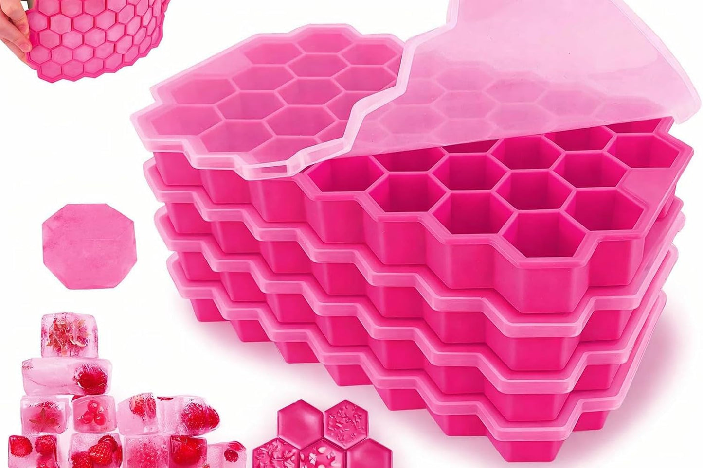 AIG Silicone Ice Cube Trays with Lids – 4 Pack Easy-Release Hexagon Ice Maker for Freezer, Reusable Food-Grade Ice Molds for Cocktail Bar, Whiskey, Iced Coffee & Home Kitchen (Pink)