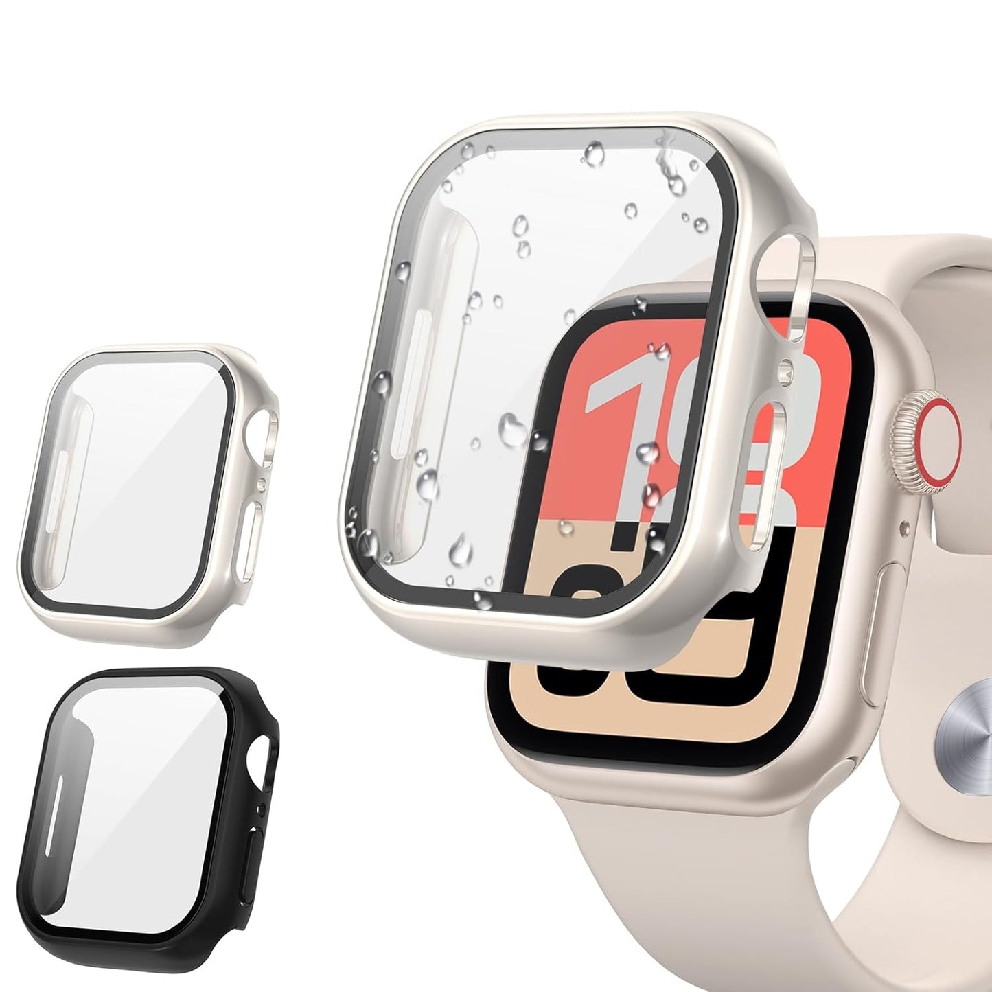 AIG Apple Watch 45mm Hard Case with Tempered Glass Screen Protector, Ultra-Thin Protective Cover for Series 9/8/7- Starlight+Black (02 PACK)