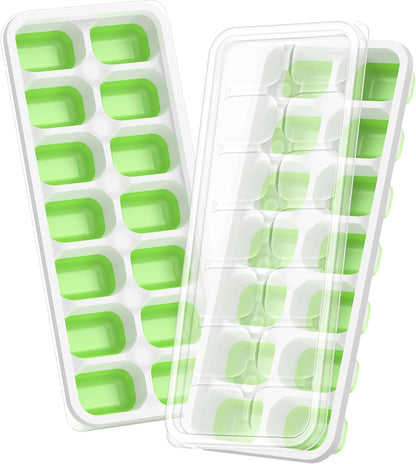 Silicone Ice Cube Tray with Lid – 28 Ice Cubes (2 Pack, 14 Cavities Each) Easy Release Ice Maker for Freezer, Stackable & Reusable Ice Moulds for Whiskey, Cocktails & Beverages (Green)