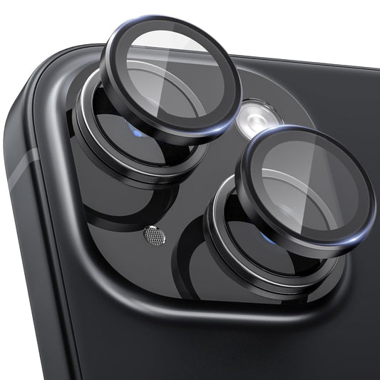 AIG Camera Lens Protector for iPhone 15/15 Plus – Black Metal Ring, Ultra HD Glass, Case-Friendly