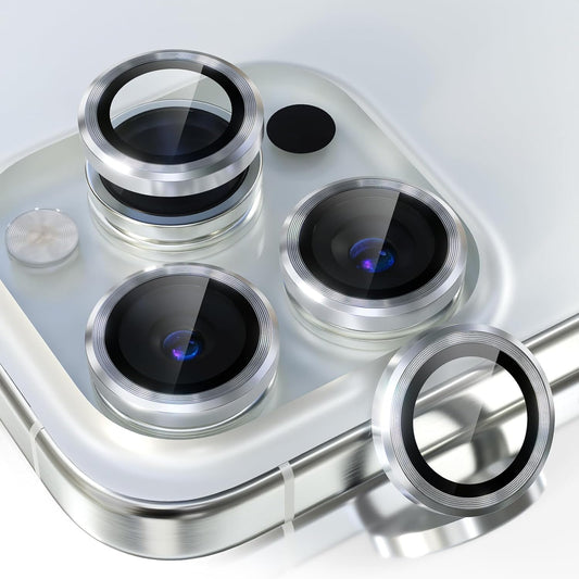 AIG Camera Lens Protector for iPhone 16 Pro/16 Pro Max/15 Pro/15 Pro Max /14 Pro/14 Pro Max – 9H Glass, Metal Ring-Silver