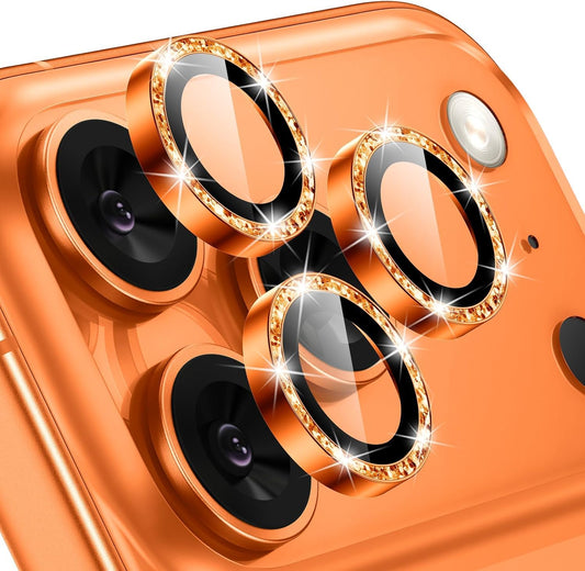 AIG Camera Lens Protector for iPhone 17 Pro/Pro Max –9H Tempered Glass with Glitter Metal Ring, Scratch Resistant, HD Clear (Orange Glitter)