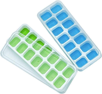 Silicone Ice Cube Tray with Lid – 14 Cavity Easy Release Ice Maker for Freezer, Stackable & Reusable Ice Moulds for Whiskey, Cocktails & Beverages (2 Pack, Green & Blue)