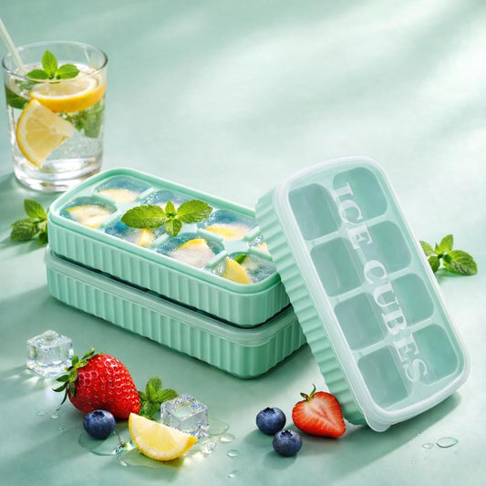 AIG 3 Pack Green Silicone Ice Cube Tray with Lid – 8 Large Cavities, Flexible Easy Release, BPA Free